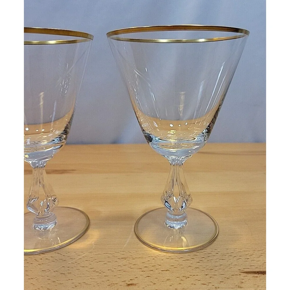 3 Vintage Fostoria Ambassador Water Glass Goblet Gold Trim Stem 6065 6”